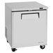 A white Turbo Air M3 series undercounter freezer on wheels.