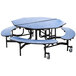 A blue National Public Seating cafeteria table with T-molding edges and black metal legs.