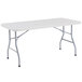 A gray rectangular NPS plastic folding table with metal legs.