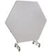 A white National Public Seating hexagonal cafeteria table with wheels.