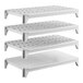 A set of four white shelving units, including three vented shelves and one solid shelf, designed for stationary storage.