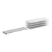 A stack of white rectangular shelves with gray metal supports.