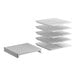 A stack of white plastic shelves with a white background including 4 vented shelves and 1 solid shelf.
