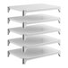 A five-tier stationary shelving unit with solid white shelves.