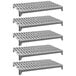 A set of five grey plastic shelves with vented grates.