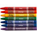 A blue box with a yellow rectangular label and white text containing a row of colorful crayons.