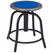 A National Public Seating lab stool with a blue steel seat on a silver base.