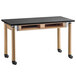 A black and wood National Public Seating science lab table with wheels.