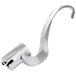 A silver metal dough hook with a curved end.
