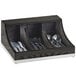 A black and white wooden Cal-Mil Cinderwood flatware organizer with silverware inside.