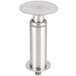 A silver stainless steel flanged foot with a screw on a white table.