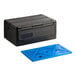 A black insulated food pan carrier with a blue ice board accessory.
