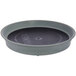 A grey and black round pan lid with a hole in the middle.