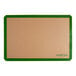 A tan rectangular Baker's Lane silicone baking mat with a green border.