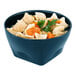 A dark blue high-temp convection bowl filled with chicken noodle soup, featuring noodles, chicken pieces, carrots, and a parsley garnish.