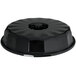 A black plastic lid with a round center.