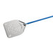 A silver and blue GI Metal Napoletana square perforated pizza peel with a long handle.