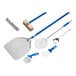 A seven-piece professional pizza kit including two peels, a brush, a ladle, a pizza cutter, a scraper, and a dough docker.
