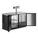 An Avantco black and silver kegerator with two glass doors on a counter.