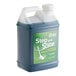 A 2.5 gallon container of blue liquid floor cleaner with a green label.