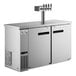 A stainless steel Avantco kegerator with two beer taps.