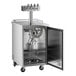 An Avantco stainless steel beer dispenser with a glass door open.