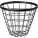 A gray metal wire basket with a handle.