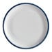 A white Libbey porcelain plate with a steel blue rim.