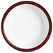 A white porcelain bowl with a white rim and a brown circle.