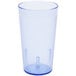 A clear plastic tumbler with a blue rim.