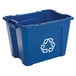 A blue Rubbermaid recycling bin with a white recycle symbol.