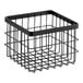 A metal gray wire basket with a square top and a wire handle.