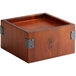 A walnut wood square riser with metal corners.