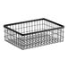 A metal gray rectangular wire basket with a black handle.