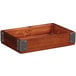 A walnut rectangular stackable wood display box with metal corners.