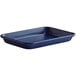 A dark blue rectangular Baker's Mark aluminum bun sheet pan with a wire in rim.