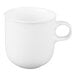 A plain white porcelain mug with a handle.
