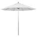 A close up of a California Umbrella with a white Sunbrella canopy on a silver aluminum pole.