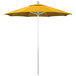 A close-up of a yellow California Umbrella with Sunflower Yellow Sunbrella fabric on a white pole.