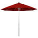 A close-up of a California Umbrella with a Jockey Red Sunbrella canopy.