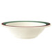 A close-up of a white Diamond Portofino bowl with a red and green rim.