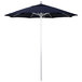 A navy California Umbrella with a silver pole.