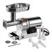 A white and silver Backyard Pro electric meat grinder with stainless steel parts.