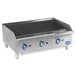 A Globe gas charbroiler with blue knobs and a blue handle.