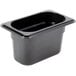 A black Cambro plastic food pan with a lid.