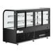 A black Avantco refrigerated bakery display case with curved glass doors.