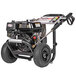 A black Simpson Powershot pressure washer with a hose and wheels.