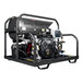 A Simpson Super Brute hot water pressure washer with a black frame and large cylinder with a hose attached.