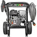 A Simpson gas powered pressure washer with Kohler engine, wheels, and hose.