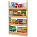 A Whitney Brothers wooden wall mounted book shelf with children's books on it.